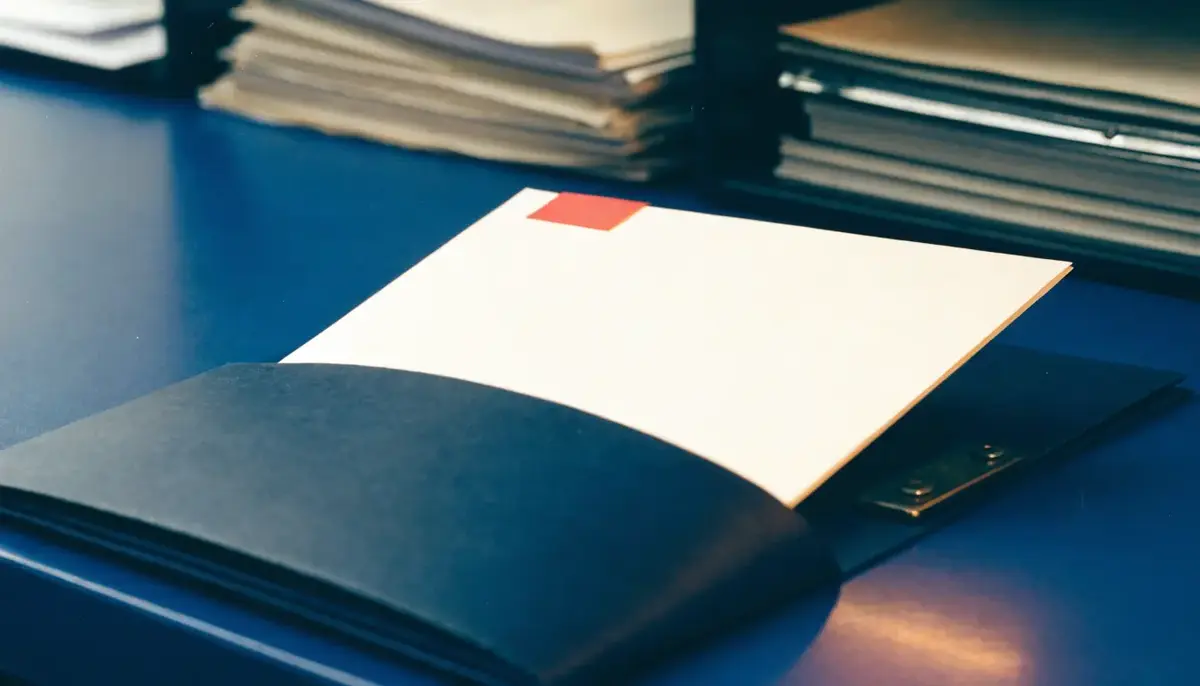 An open dark folder with a blank reply card and red tab