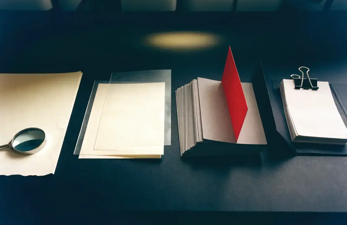 Four blank workbench stages with a magnifier, overlay, red divider, and clipped handover card